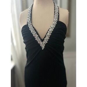 ABS Allen Schwartz Black Halter Maxi Dress Crystal Trim Black Tie Gala Size S